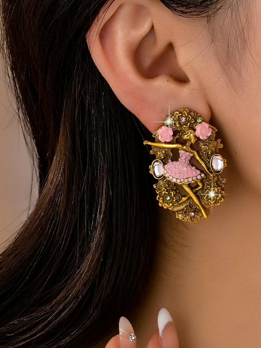 Vintage Gold Tone Ballerina Pink Roses Ornate Floral Statement Earrings